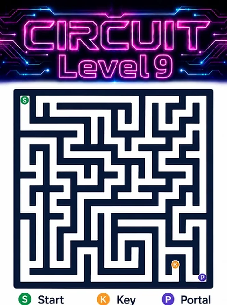 Circuit Level 9 map showing start, key, and portal
