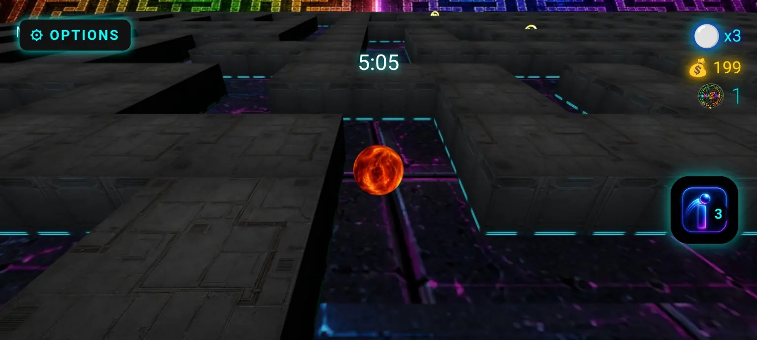 Fire sphere running through a neon Circuit maze